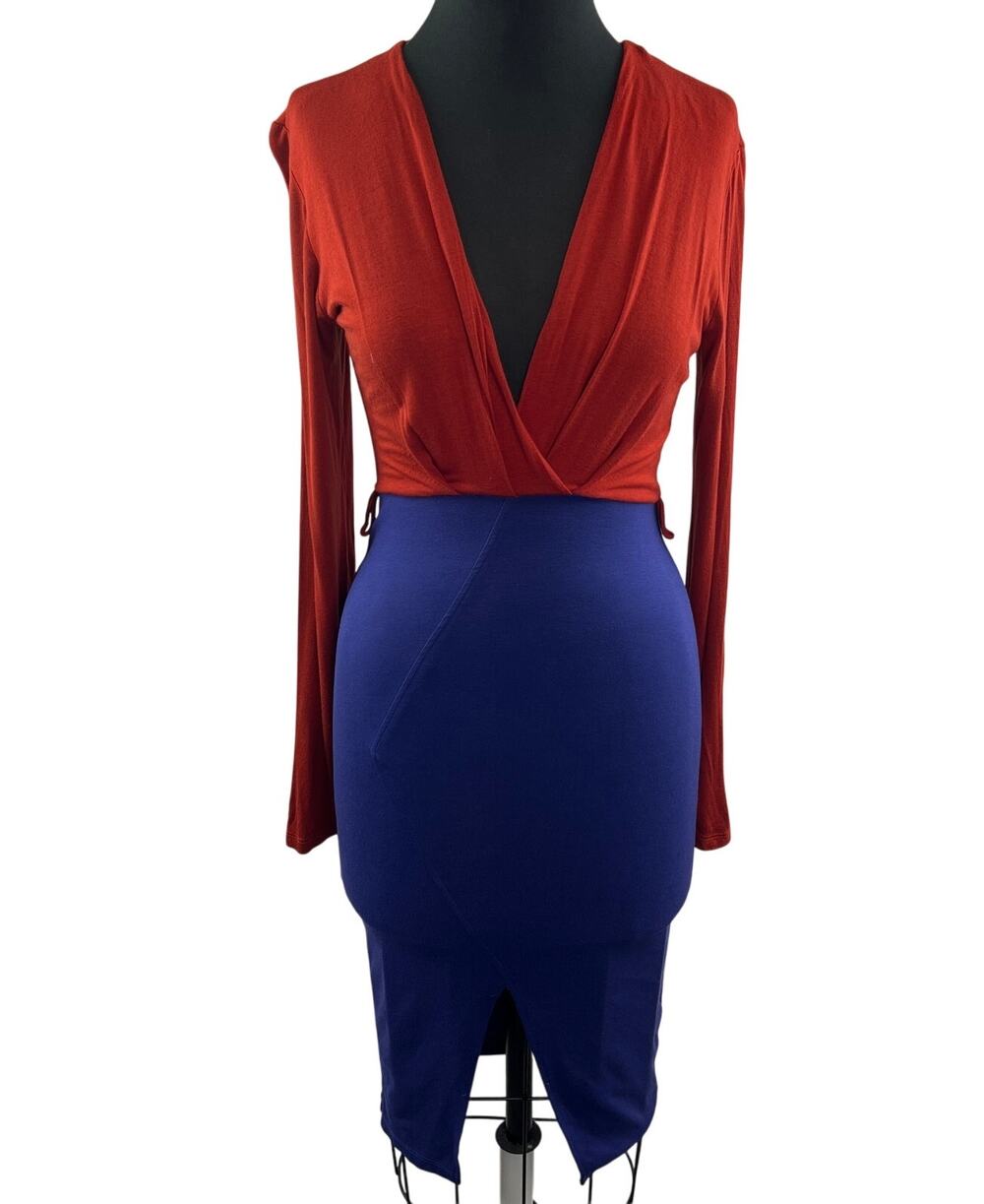CEFIAN USA Deep V Purple Red Colorblock Fitted Dress Size S Small